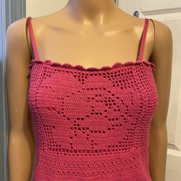 Vintage GUESS Tank Sundress Sz M Knit Crochet Pink Cottagecore Barbiecore Strap - Picture 6 of 11